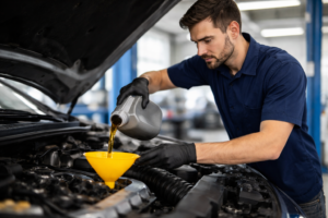 Mechanic pouring oil in the shop