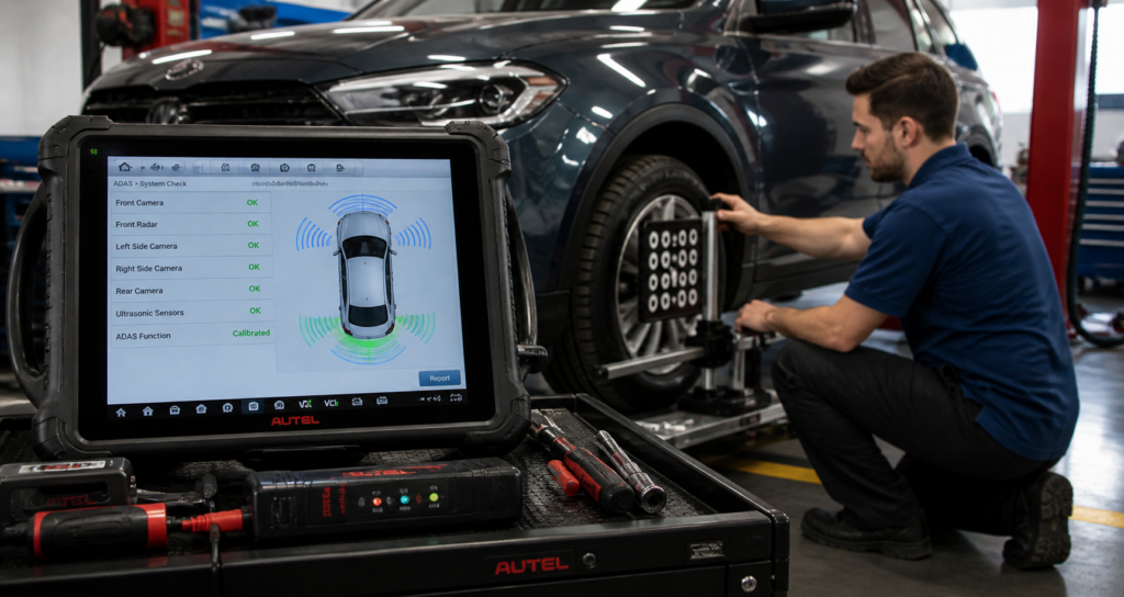 Modern car diagnostic tools used for ADAS system checks and repairs