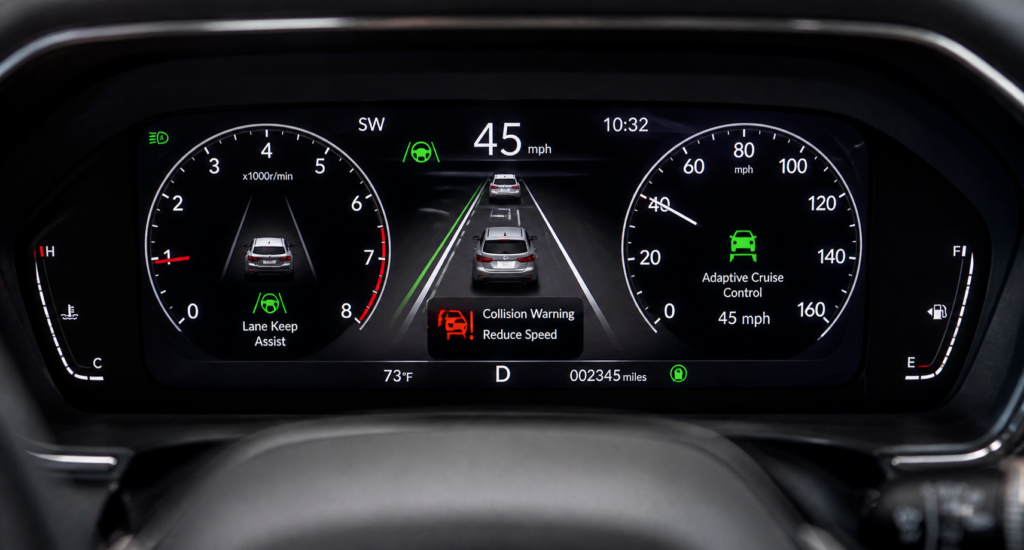 Modern vehicle dashboard displaying ADAS features like lane assist and collision warning