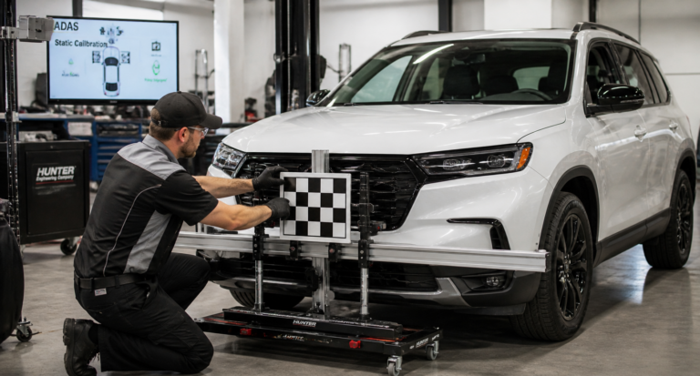 Technician performing ADAS sensor calibration in a modern vehicle repair shop