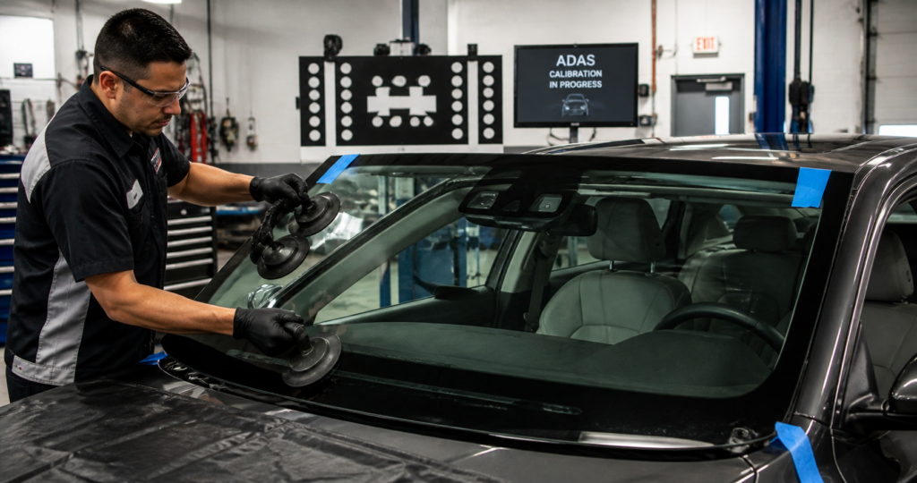 Windshield replacement with integrated camera requiring ADAS calibration