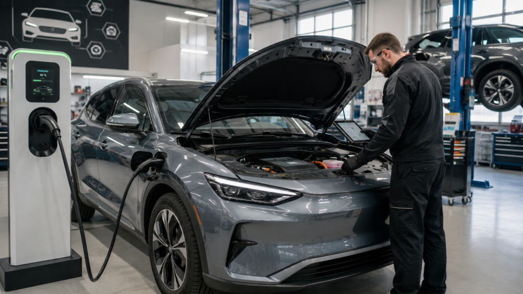 Electric vehicle connected to a charging station while technician inspects the vehicle
