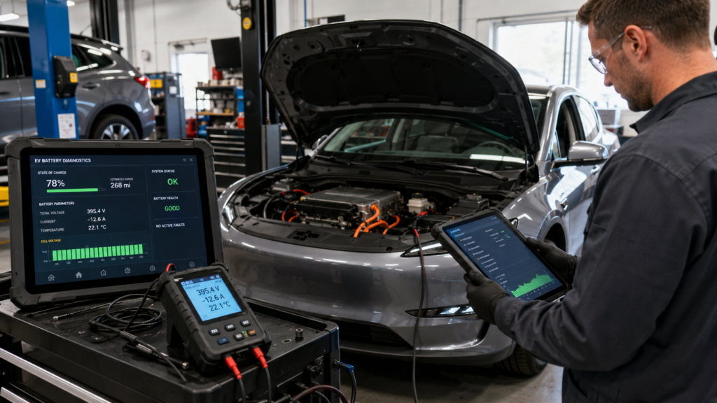 Modern diagnostic tools used to check electric vehicle systems and battery health
