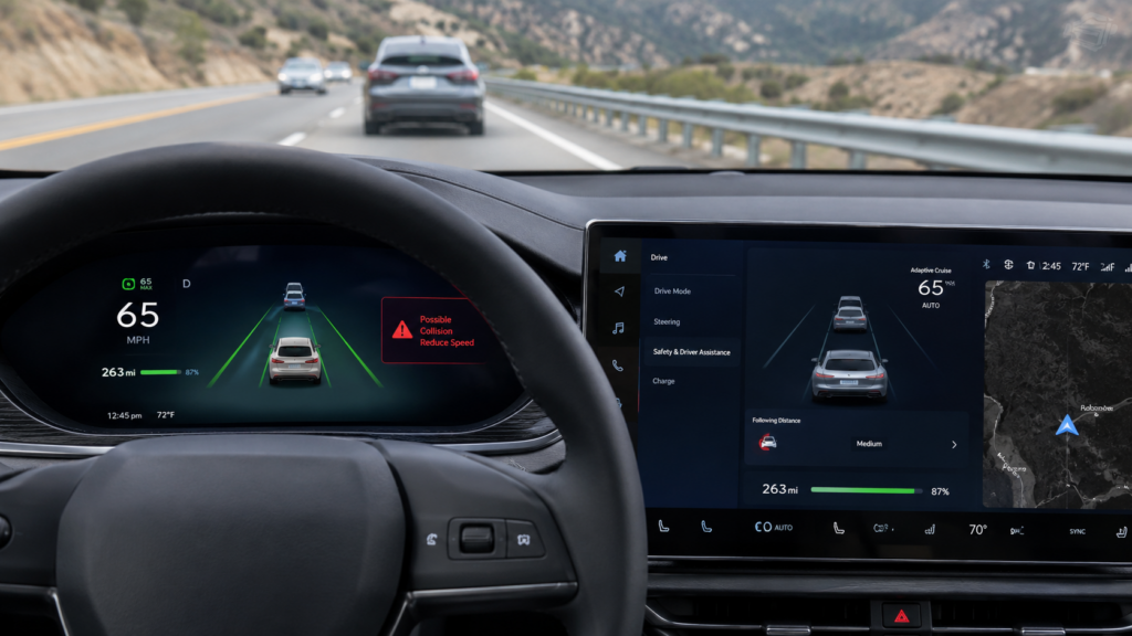 Modern electric vehicle dashboard displaying ADAS features like lane assist and collision warning