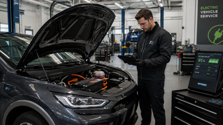 Technician checking an electric vehicle battery health in a modern workshop