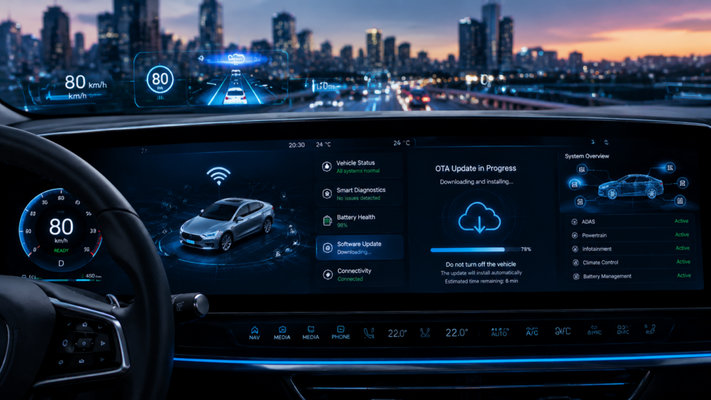 Futuristic connected car dashboard showing real-time OTA updates and smart vehicle systems