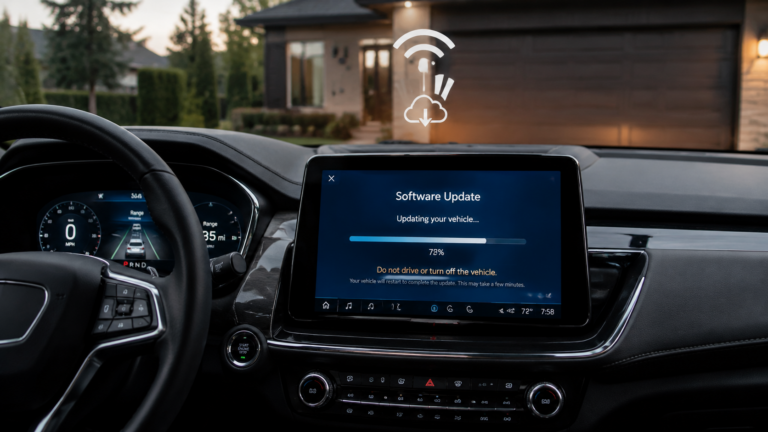 Modern car receiving over-the-air OTA software update in connected vehicle system