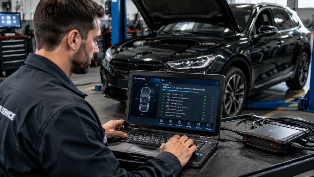 Technician analyzing vehicle diagnostic system after software OTA update in repair shop