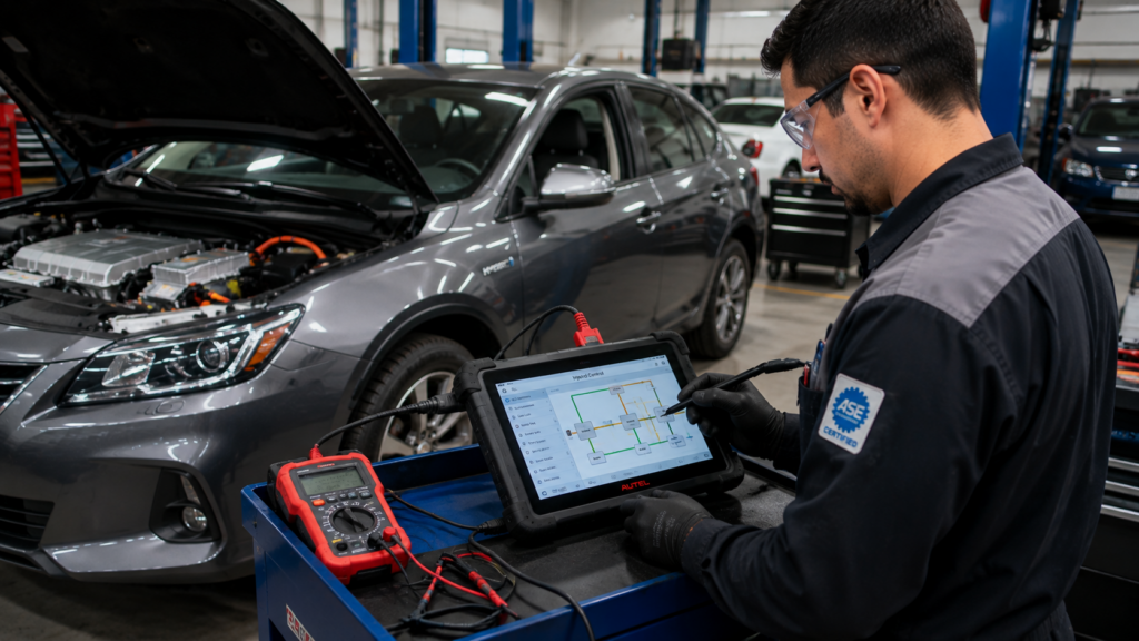 Automotive technician using diagnostic equipment to check hybrid vehicle electrical systems