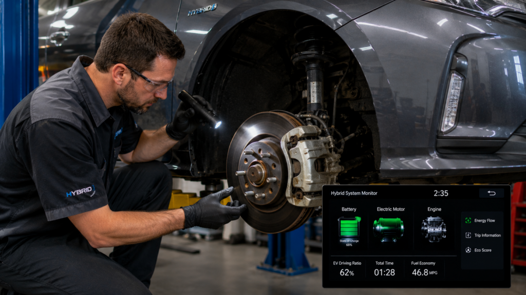 Mechanic inspecting regenerative braking components on a modern hybrid vehicle