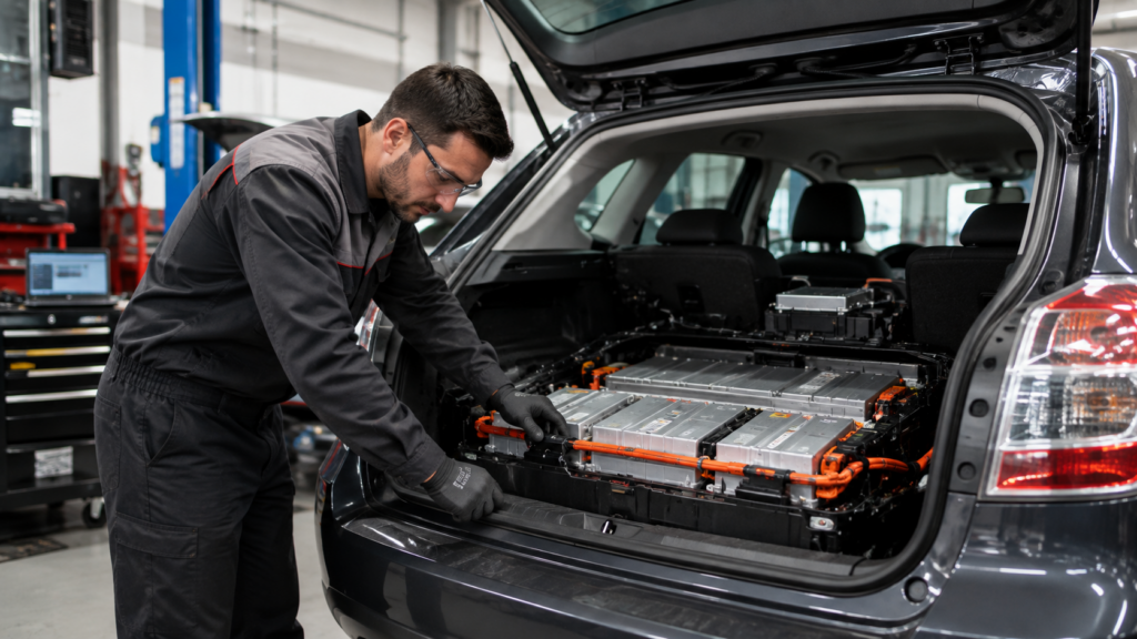 Technician inspecting hybrid vehicle battery system during maintenance service