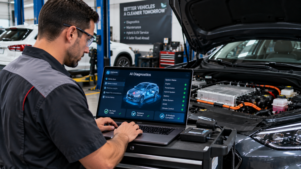 Automotive technician using artificial intelligence diagnostic software to inspect a modern vehicle system