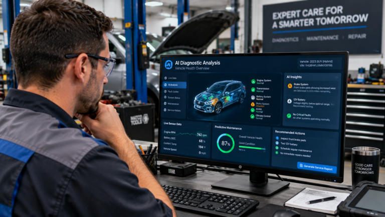 Technician reviewing AI-generated vehicle diagnostic information on a computer screen